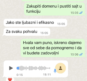 Poruka klijenta: „Jako ste ljubazni i efikasni. Za svaku pohvalu.“